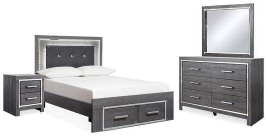 Lodanna Gray Full Upholstered Panel Storage Bedroom Set with Dresser, Mirror, and Nightstand