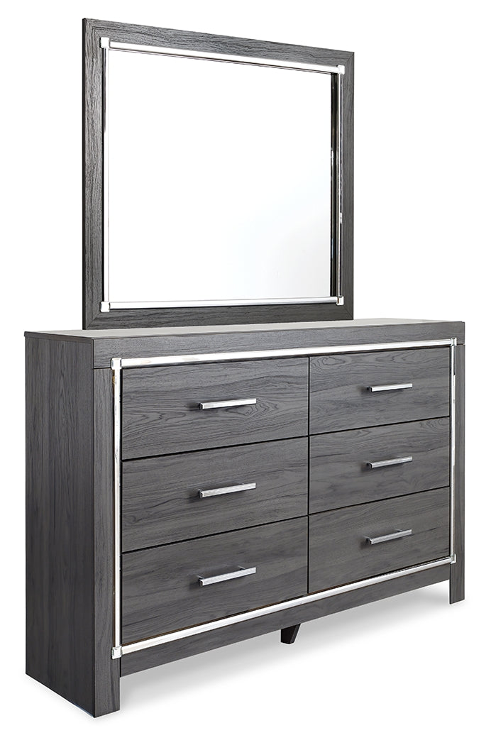 Lodanna Gray King Upholstered Panel Headboard, Dresser, Mirror, and Nightstand