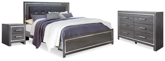 Lodanna Gray King Upholstered Panel Bedroom Set with Dresser and Nightstand