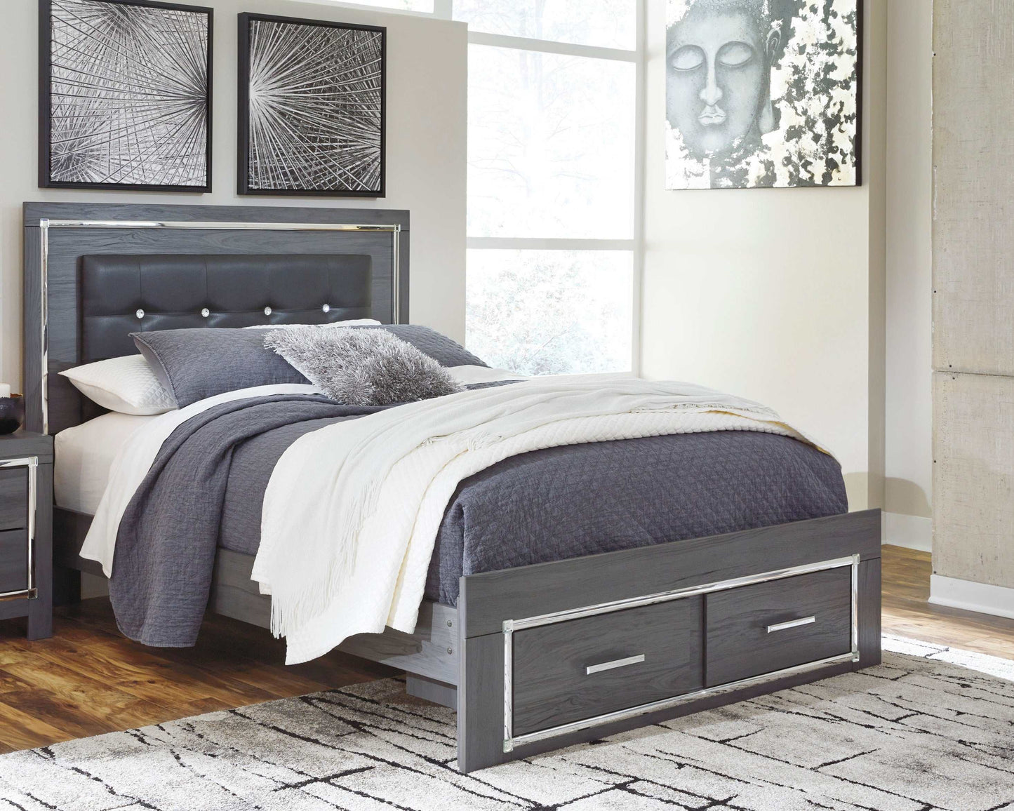 Lodanna Gray Queen Panel Bed w/ LED & 2 Storage Drawers