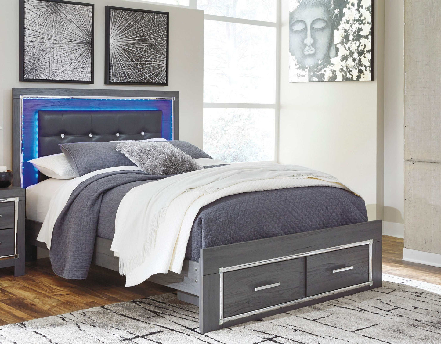 Lodanna Gray Queen Panel Bed w/ LED & 2 Storage Drawers