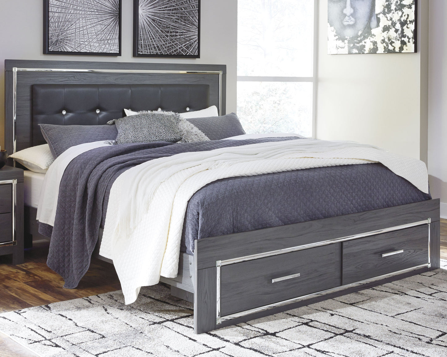 Lodanna Gray King Upholstered Storage Bedroom Set with Dresser, Mirror, Chest and 2 Nightstands