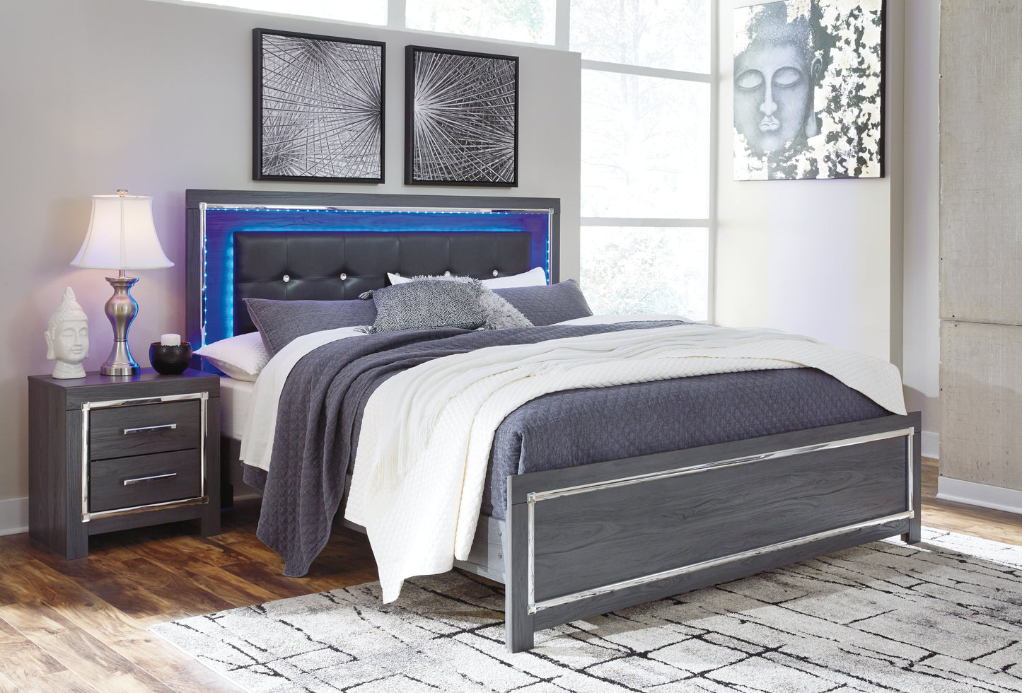 Lodanna Gray King Upholstered Panel Bedroom Set with Dresser and Nightstand