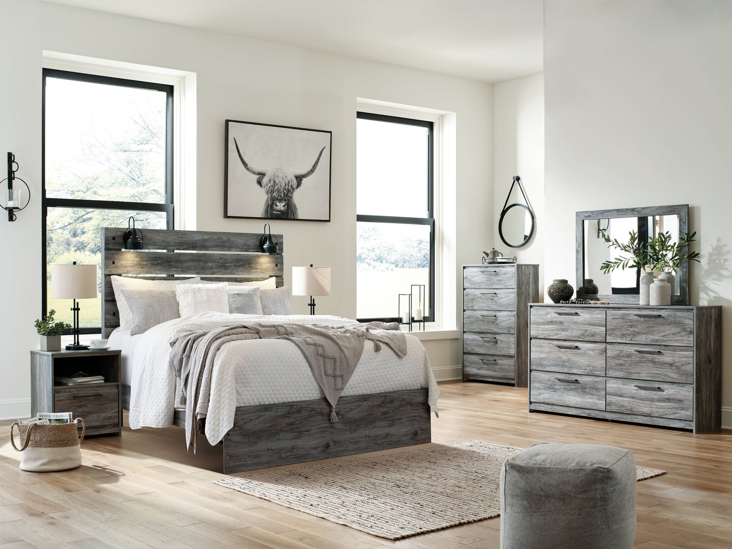 Baystorm Gray Queen Panel Bedroom Set with Dresser, Mirror and Chest