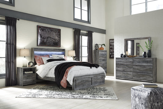 Baystorm Gray Queen Panel Storage Bedroom Set with Dresser, Mirror, Chest and 2 Nightstands