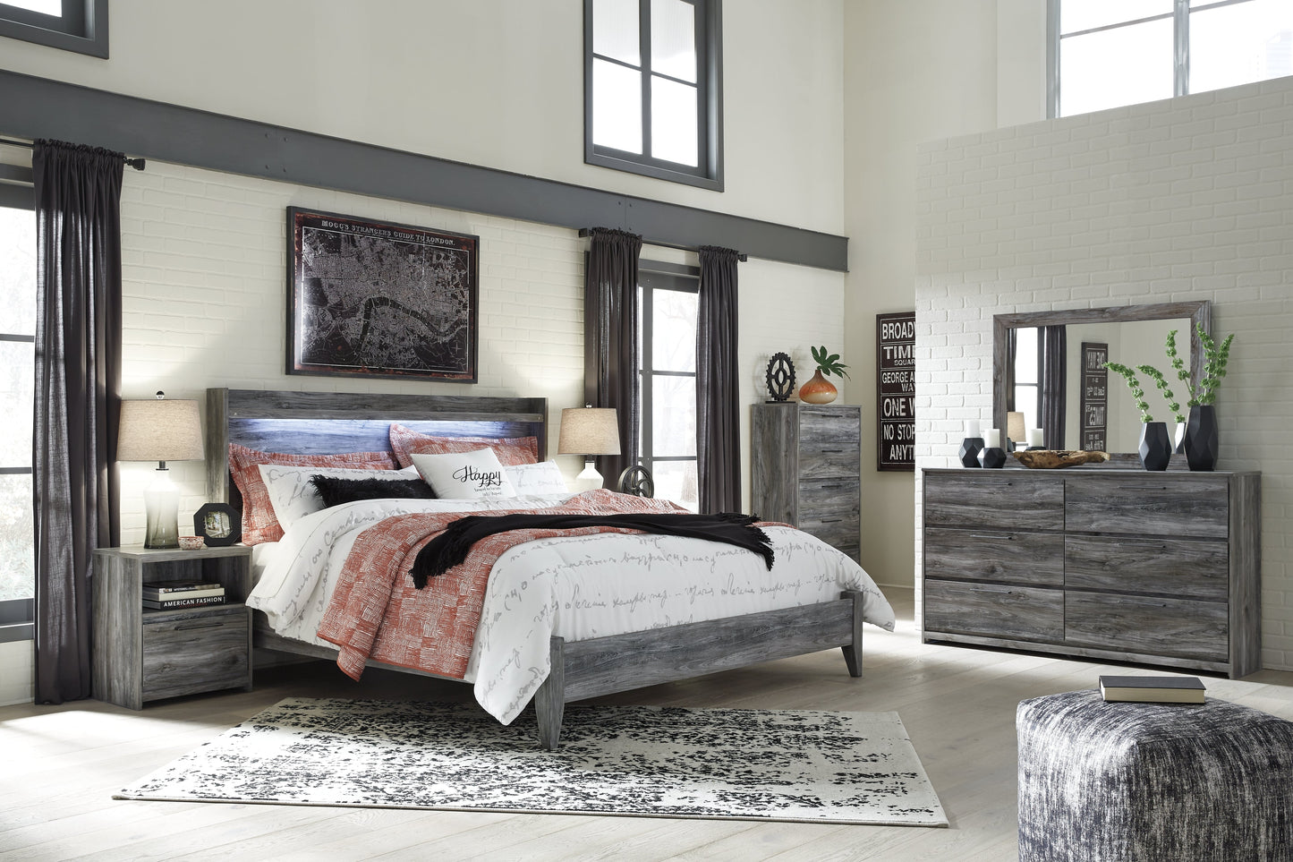 Baystorm Gray King Panel Bedroom Set with Dresser, Mirror, Chest and 2 Nightstands
