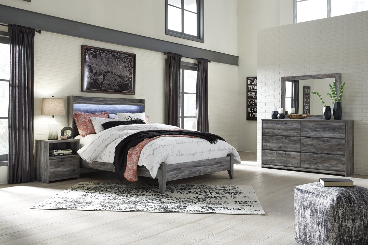 Baystorm Gray Queen Panel Bedroom Set with Dresser, Mirror and Nightstand