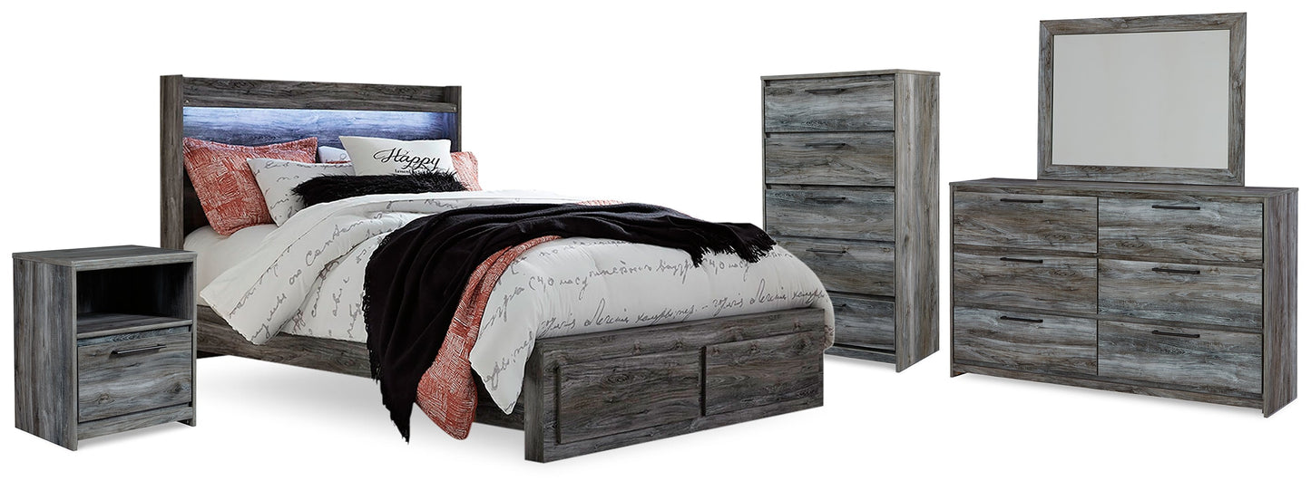 Baystorm Gray Queen Panel Storage Bedroom Set with Dresser, Mirror, Chest and 2 Nightstands