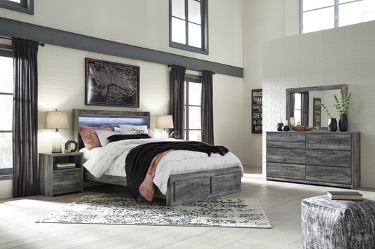 Baystorm Gray Queen Panel Storage Bedroom Set with Mirrored Dresser and Nightstand