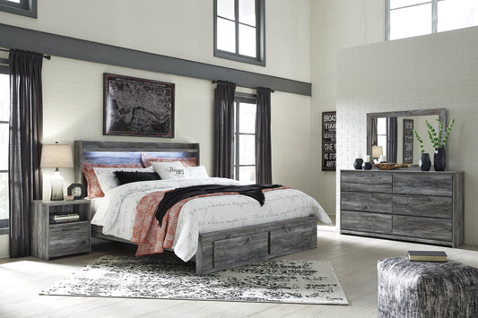 Baystorm Gray King Panel Storage Bedroom Set with Mirrored Dresser and Nightstand