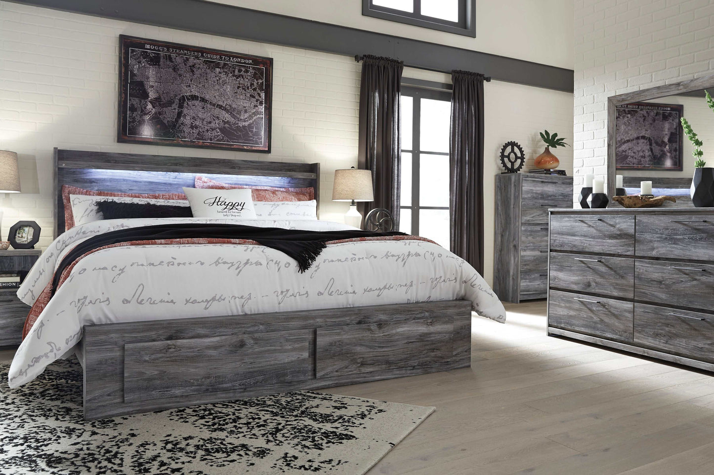 Baystorm Gray King Panel Bed w/ 2 Storage Drawers