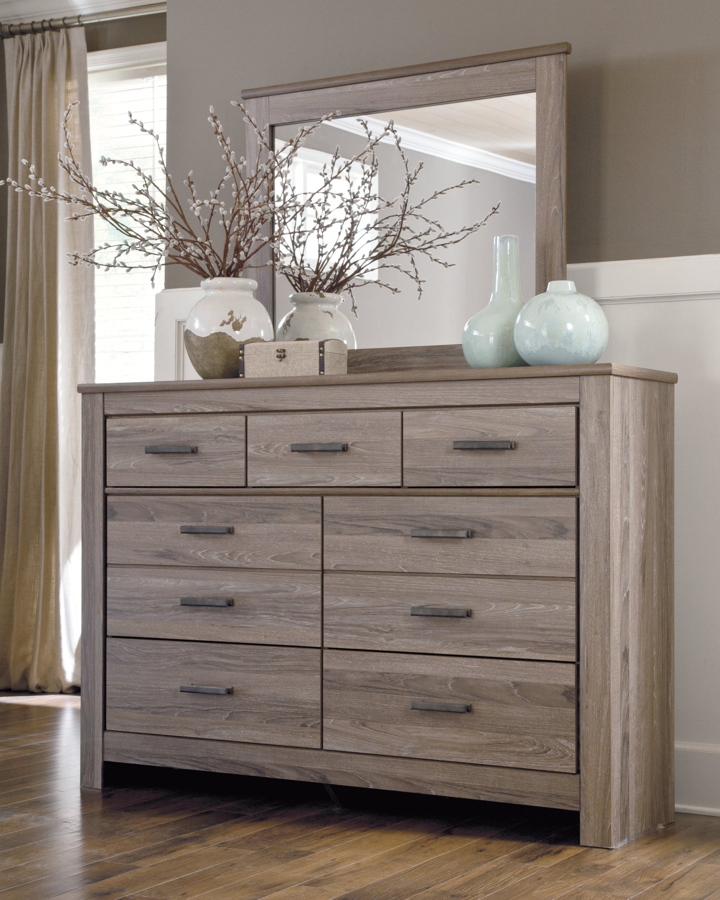 Zelen Gray Full Panel Bedroom Set with Dresser, Mirror, and Nightstand