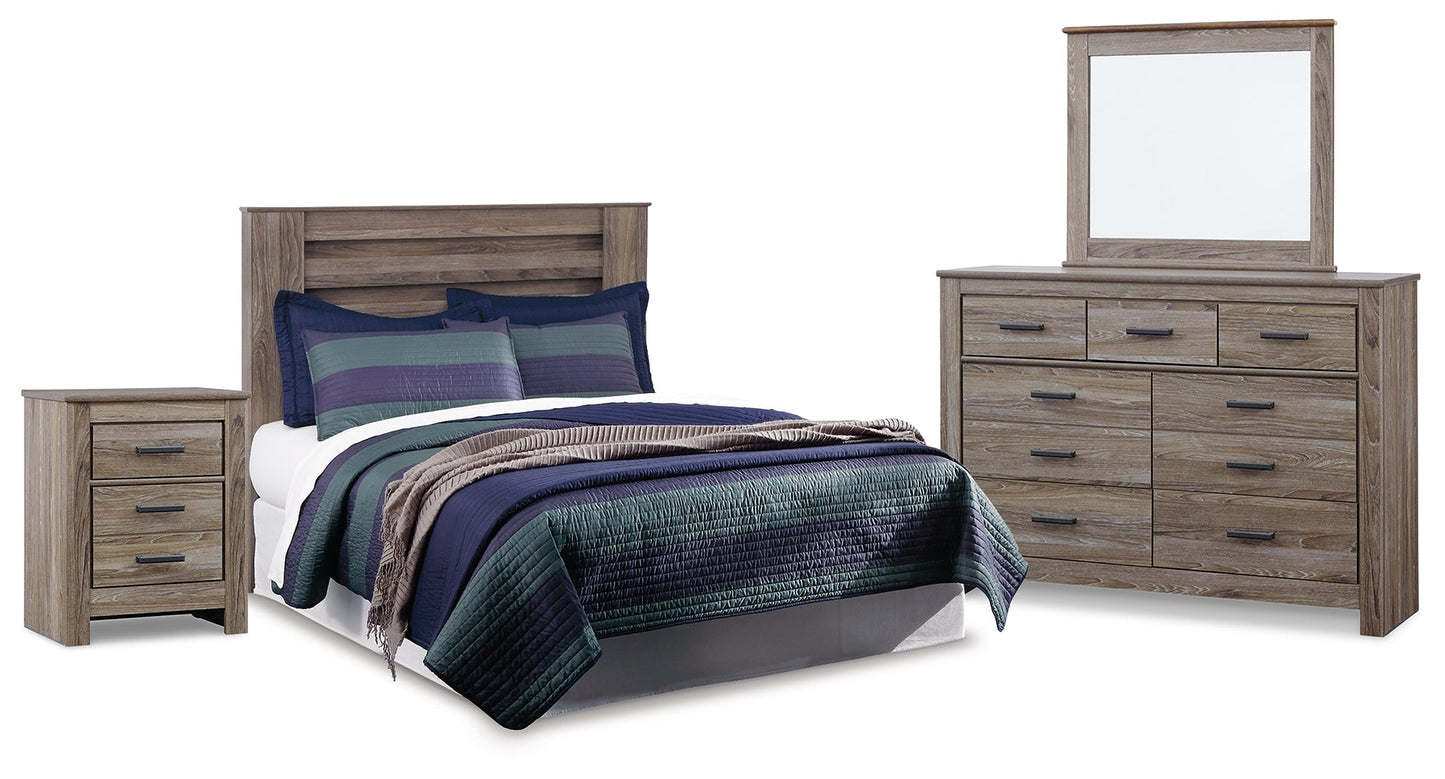 Zelen Gray Queen Panel Headboard Bedroom Set with Mirrored Dresser and Nightstand