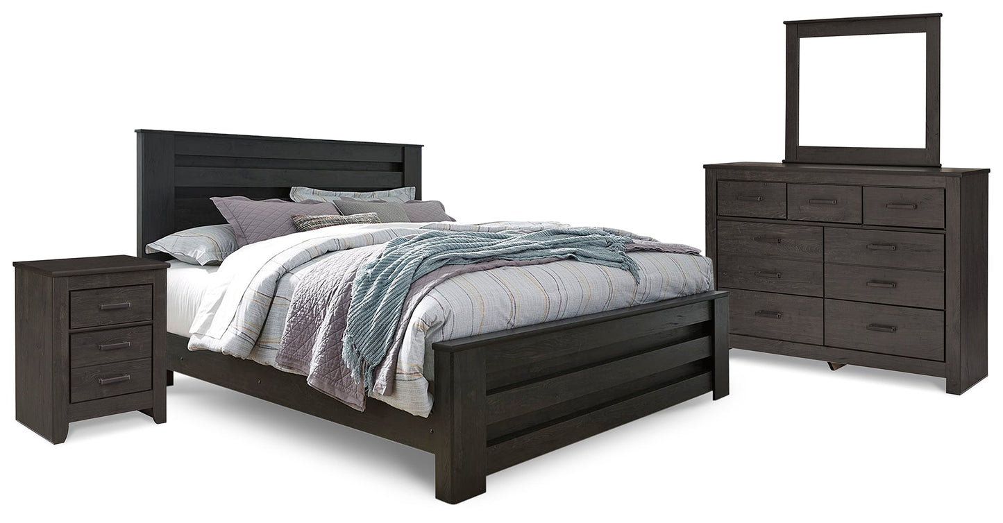 Brinxton Charcoal King Panel Bedroom Set with Dresser, Mirror and Nightstand