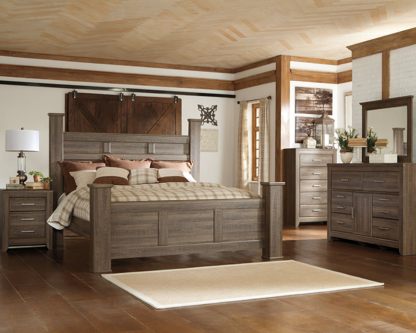 Juararo Brown California King Poster Bedroom Set with Dresser, Mirror, Chest and 2 Nightstands