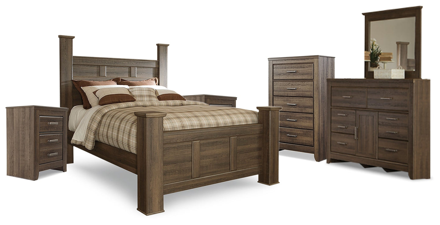 Juararo Brown Queen Poster Bedroom Set with Dresser, Mirror, Chest and 2 Nightstands