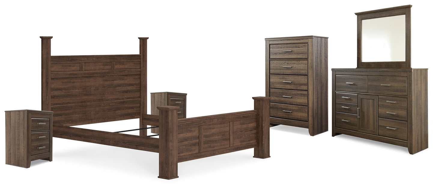 Juararo Brown California King Poster Bedroom Set with Dresser, Mirror, Chest and 2 Nightstands