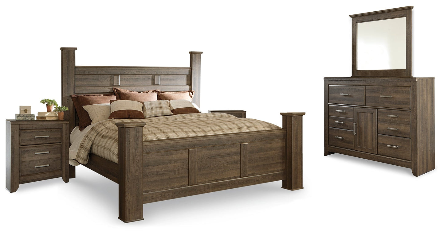 Juararo Brown California King Poster Bedroom Set with Dresser, Mirror and 2 Nightstands