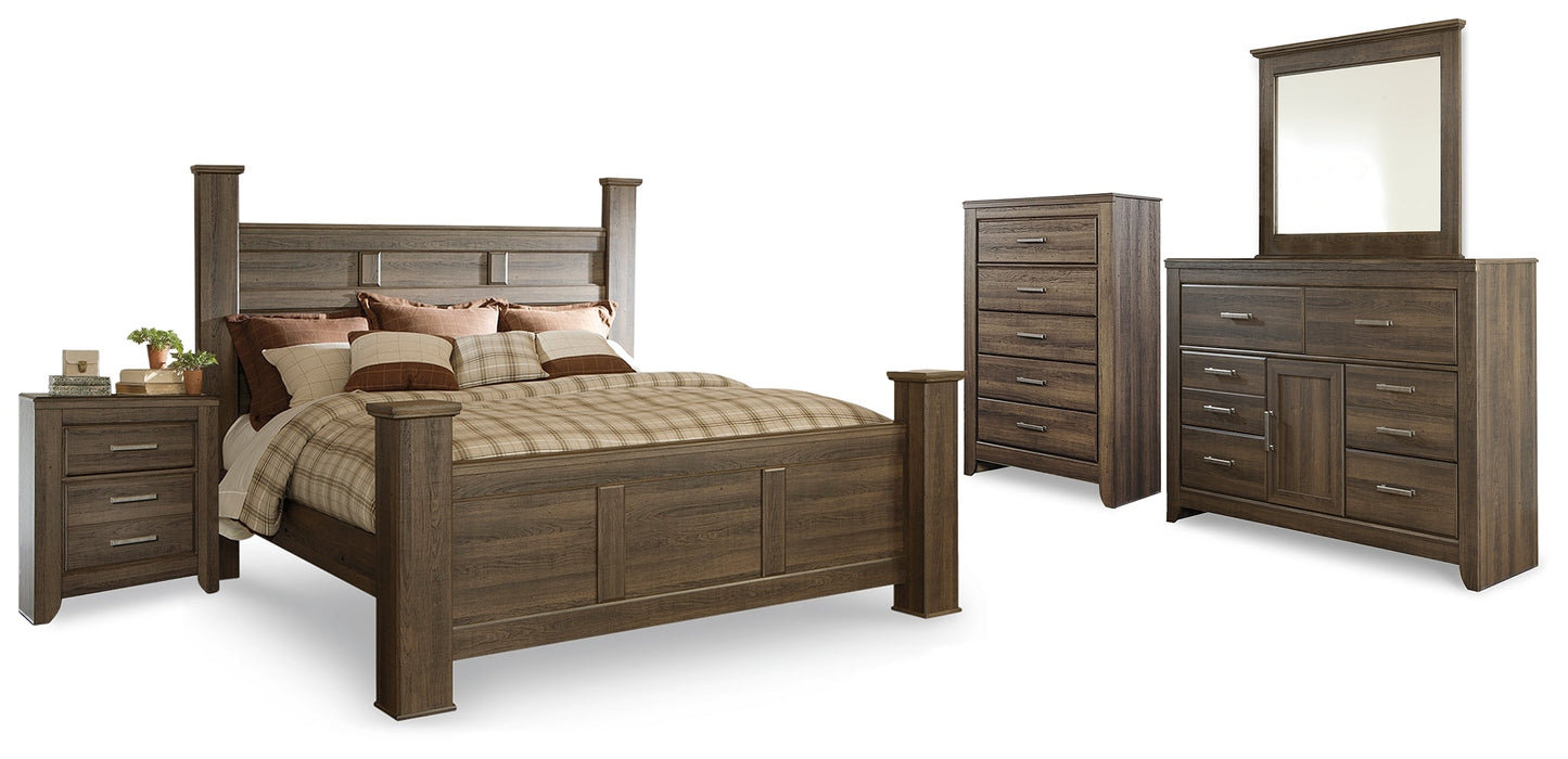 Juararo Brown King Poster Bedroom Set with Dresser, Mirror, Chest and Nightstand