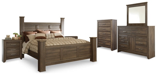 Juararo Brown King Poster Bedroom Set with Dresser, Mirror, Chest and 2 Nightstands