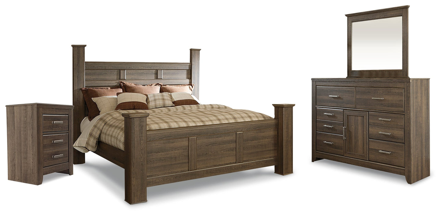 Juararo Brown King Poster Bedroom Set with Dresser, Mirror and Nightstand