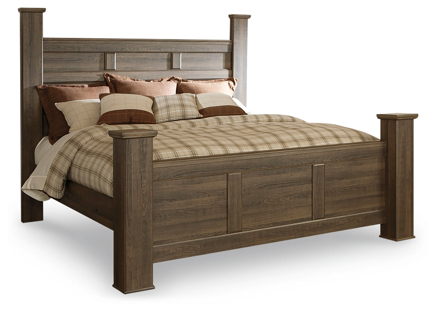 Juararo Brown California King Poster Bedroom Set with Dresser, Mirror, Chest and 2 Nightstands