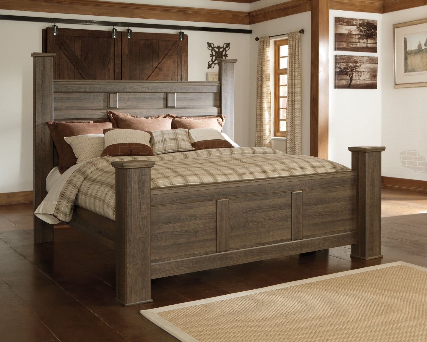 Juararo Brown California King Poster Bedroom Set with Dresser, Mirror and 2 Nightstands