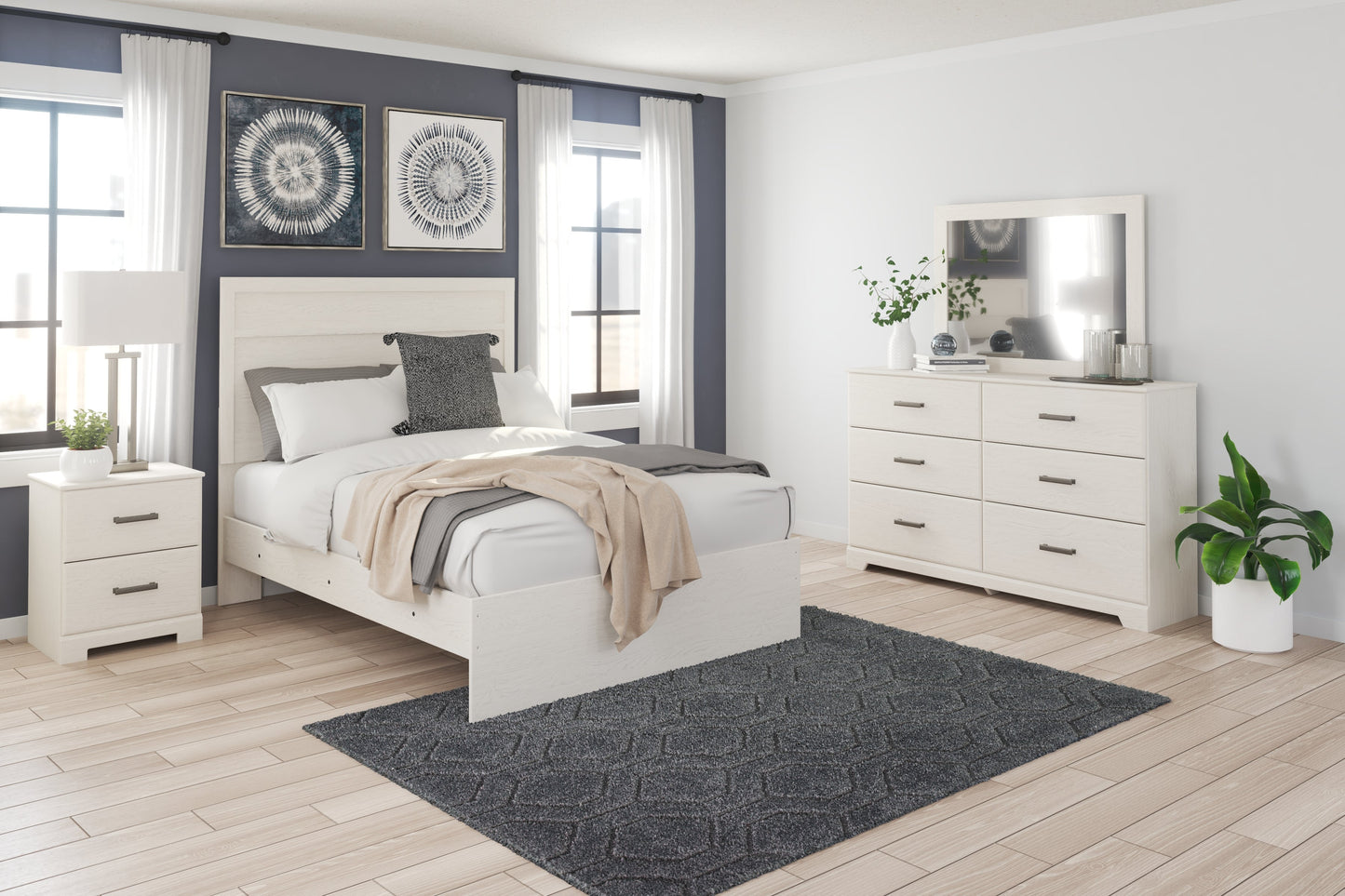 Stelsie White Full Panel Bedroom Set with Dresser, Mirror and Nightstand