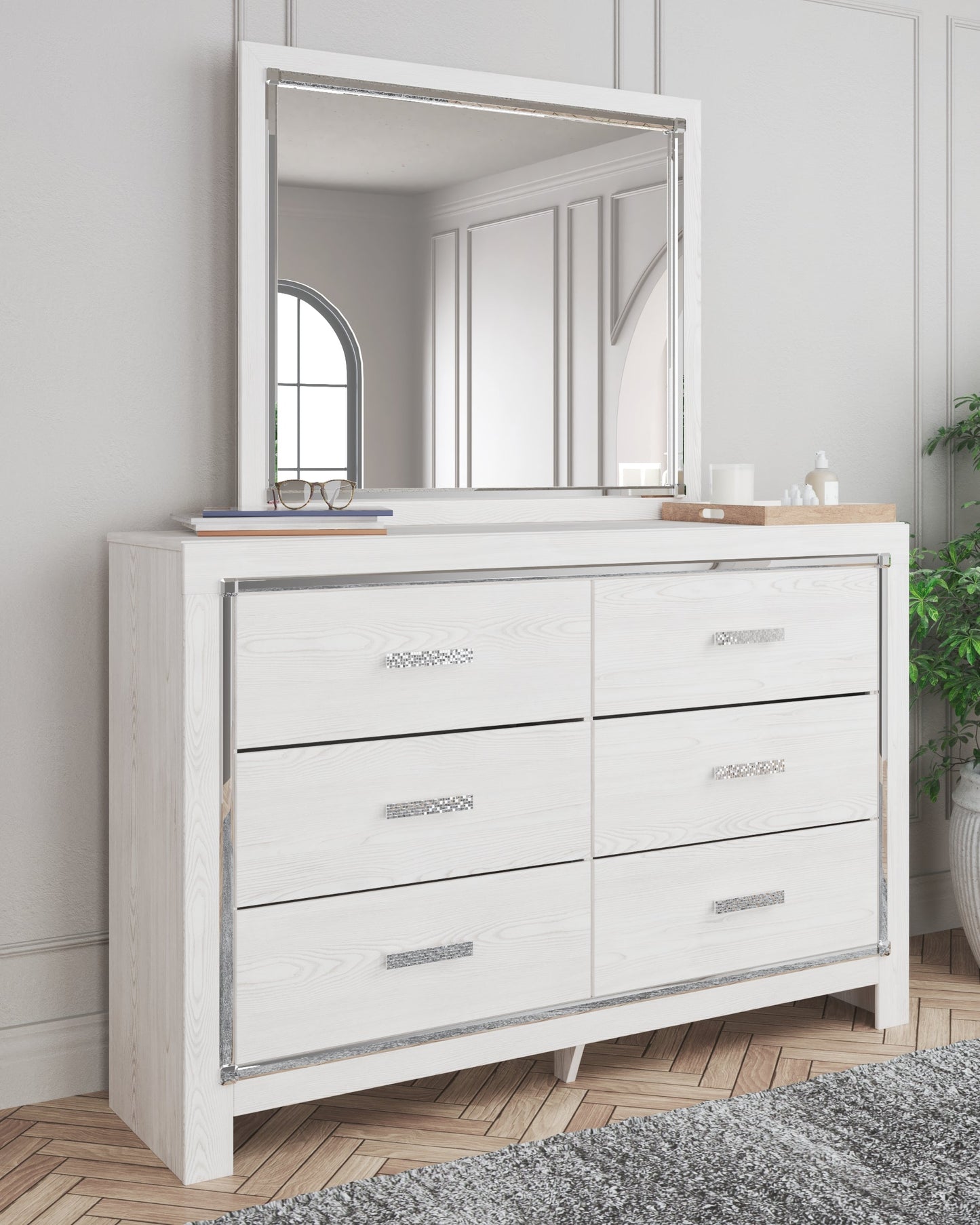 Altyra White Queen Panel Storage Bedroom Set with Mirrored Dresser and Nightstand