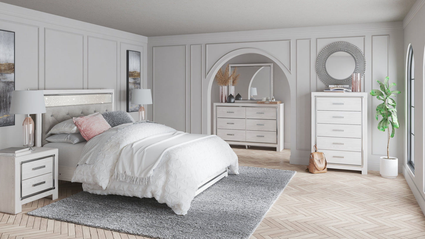 Altyra White Queen Upholstered Panel Bedroom Set with Dresser, Mirror, and Chest