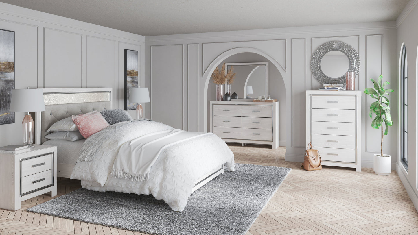Altyra White Queen Upholstered Panel Bedroom Set with Dresser, Mirror, Chest and 2 Nightstands