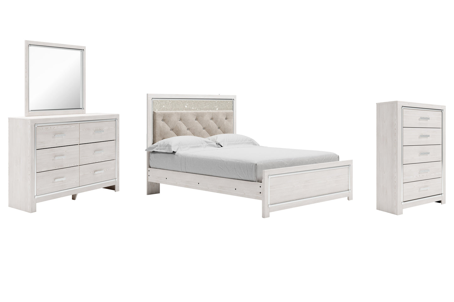 Altyra White Queen Upholstered Panel Bedroom Set with Dresser, Mirror, and Chest