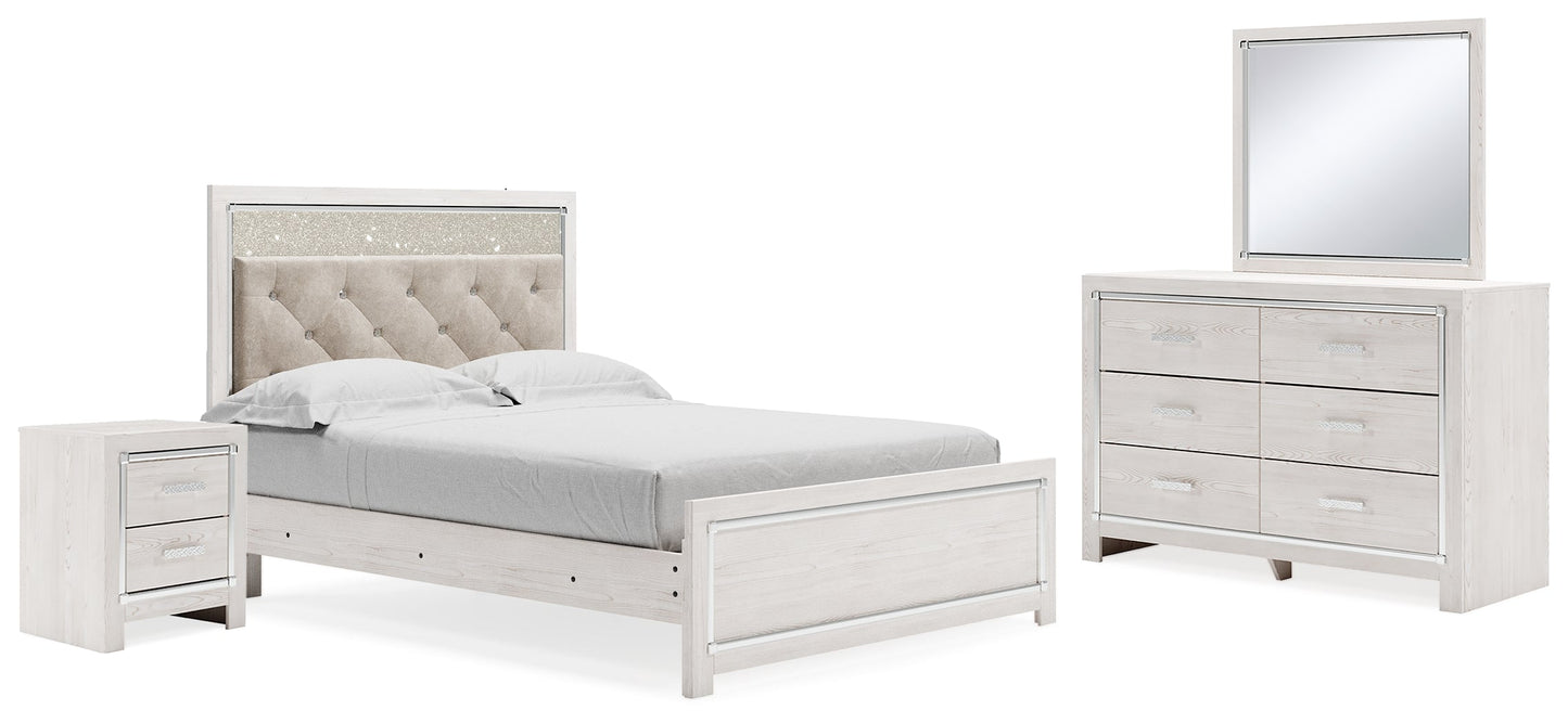 Altyra White Queen Upholstered Panel Bedroom Set with Dresser, Mirror, and Nightstand