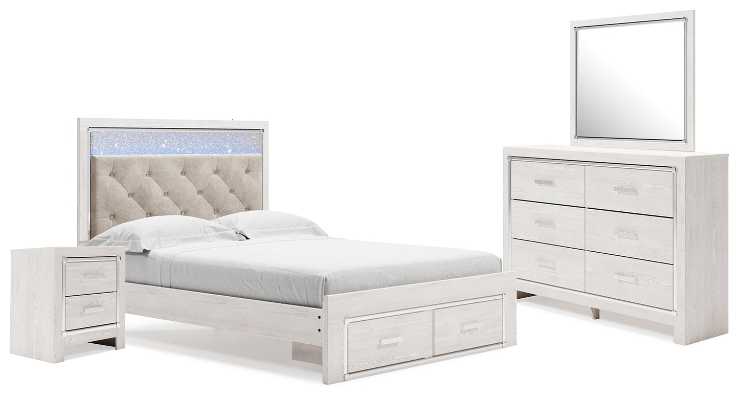 Altyra White Queen Panel Storage Bedroom Set with Mirrored Dresser and Nightstand