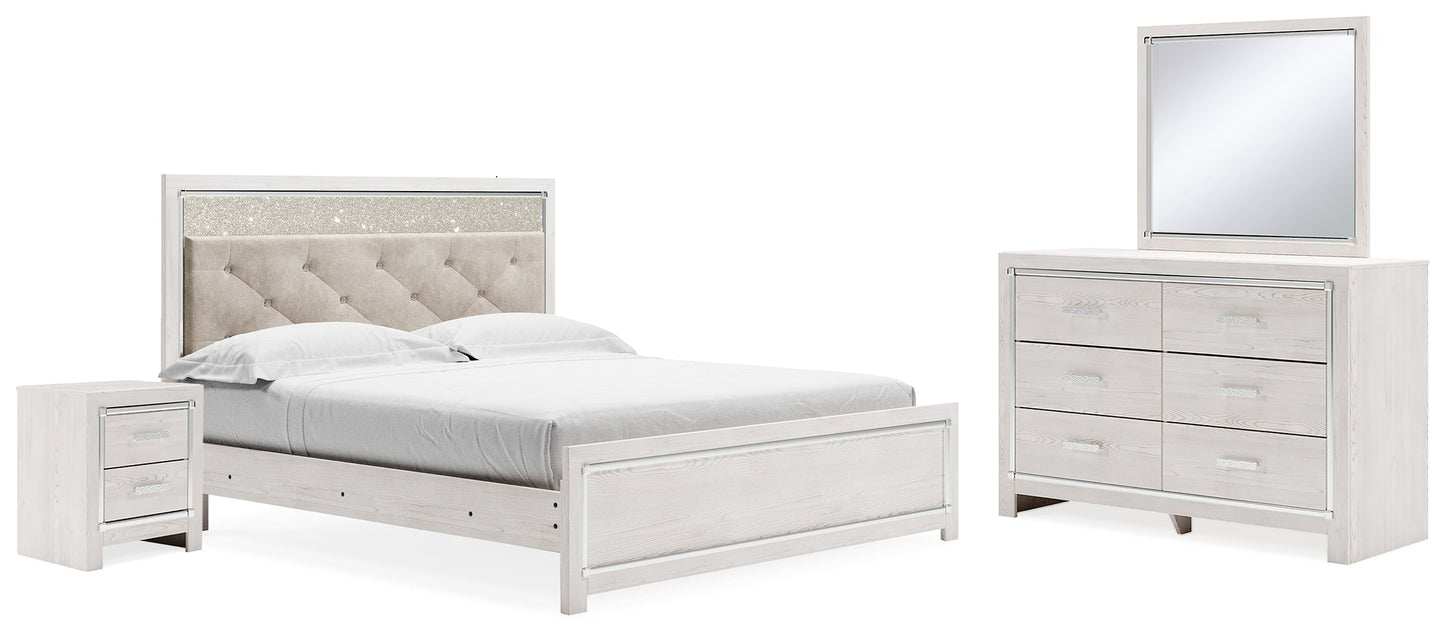 Altyra White King Upholstered Panel Bedroom Set with Dresser, Mirror, and Nightstand