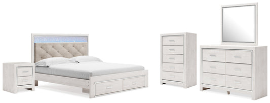 Altyra White King Upholstered Storage Bedroom Set with Dresser, Mirror, Chest, and Nightstand