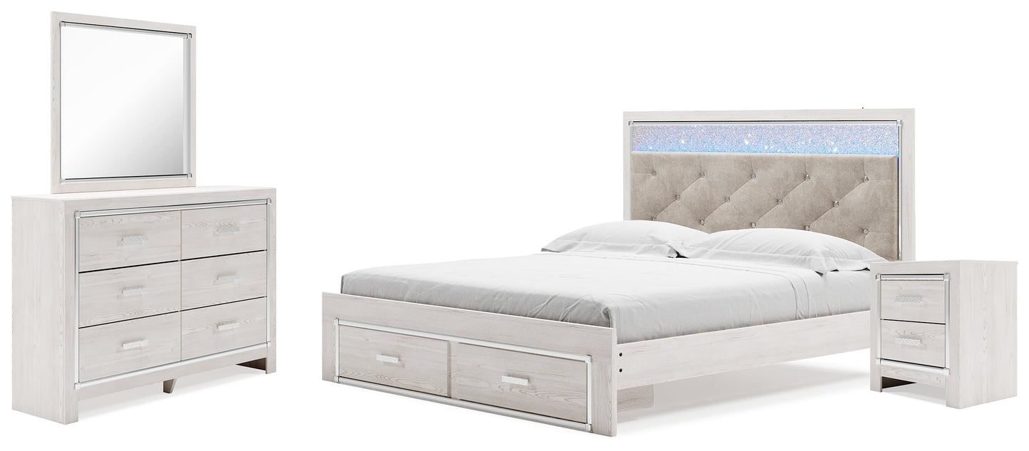 Altyra White King Upholstered Panel Storage Bedroom Set with Dresser, Mirror and Nightstand