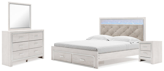 Altyra White King Upholstered Panel Storage Bedroom Set with Dresser, Mirror and Nightstand