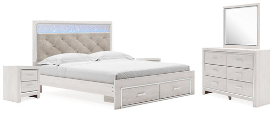 Altyra White King Upholstered Storage Bedroom Set with Dresser, Mirror and 2 Nightstands