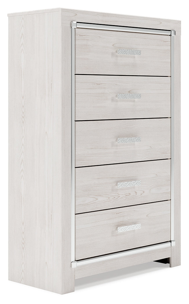 Altyra White King Storage Bedroom Set with Dresser, Mirror and 2 Chests