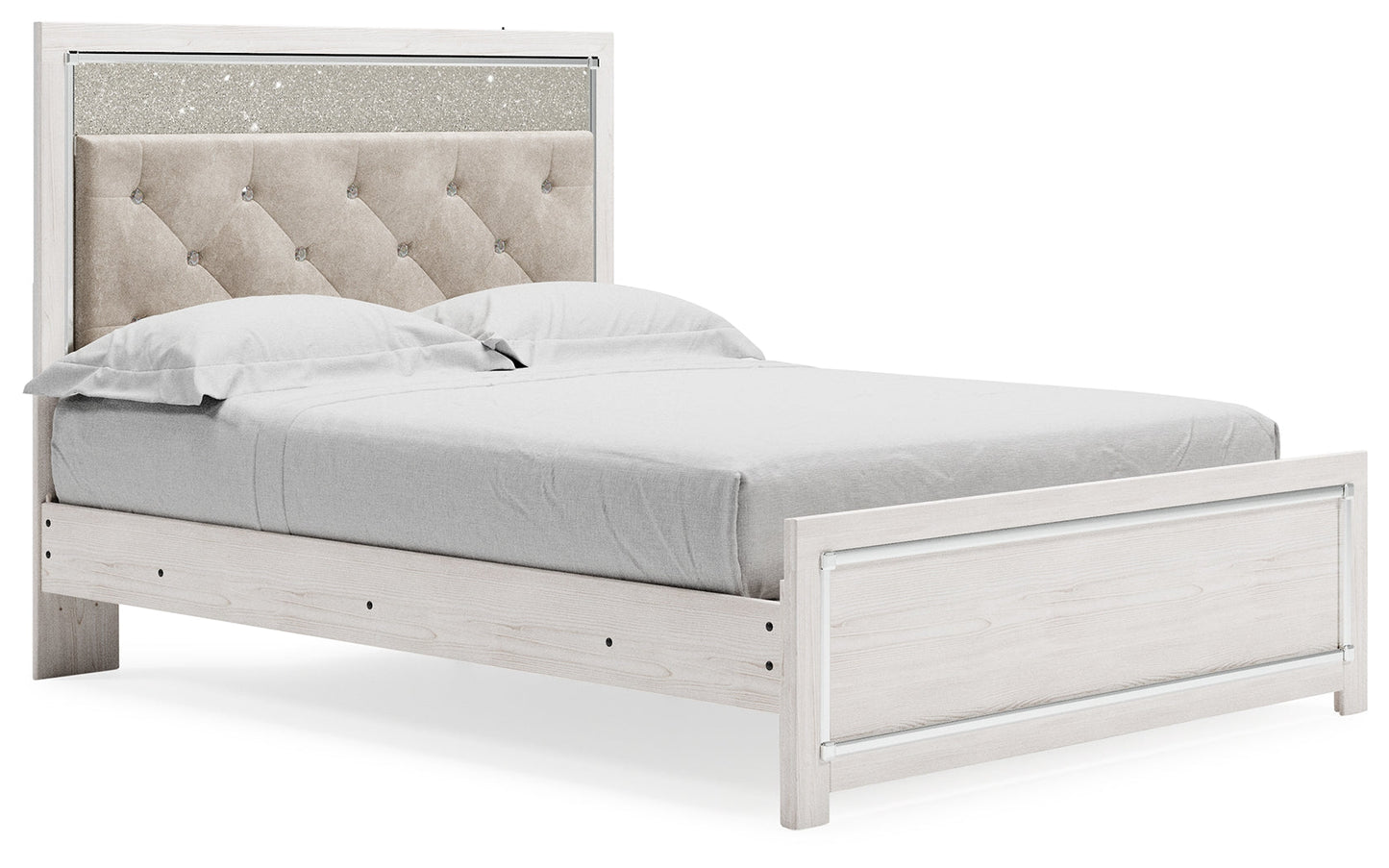 Altyra White Queen Upholstered Panel Bedroom Set with Dresser, Mirror, and Nightstand