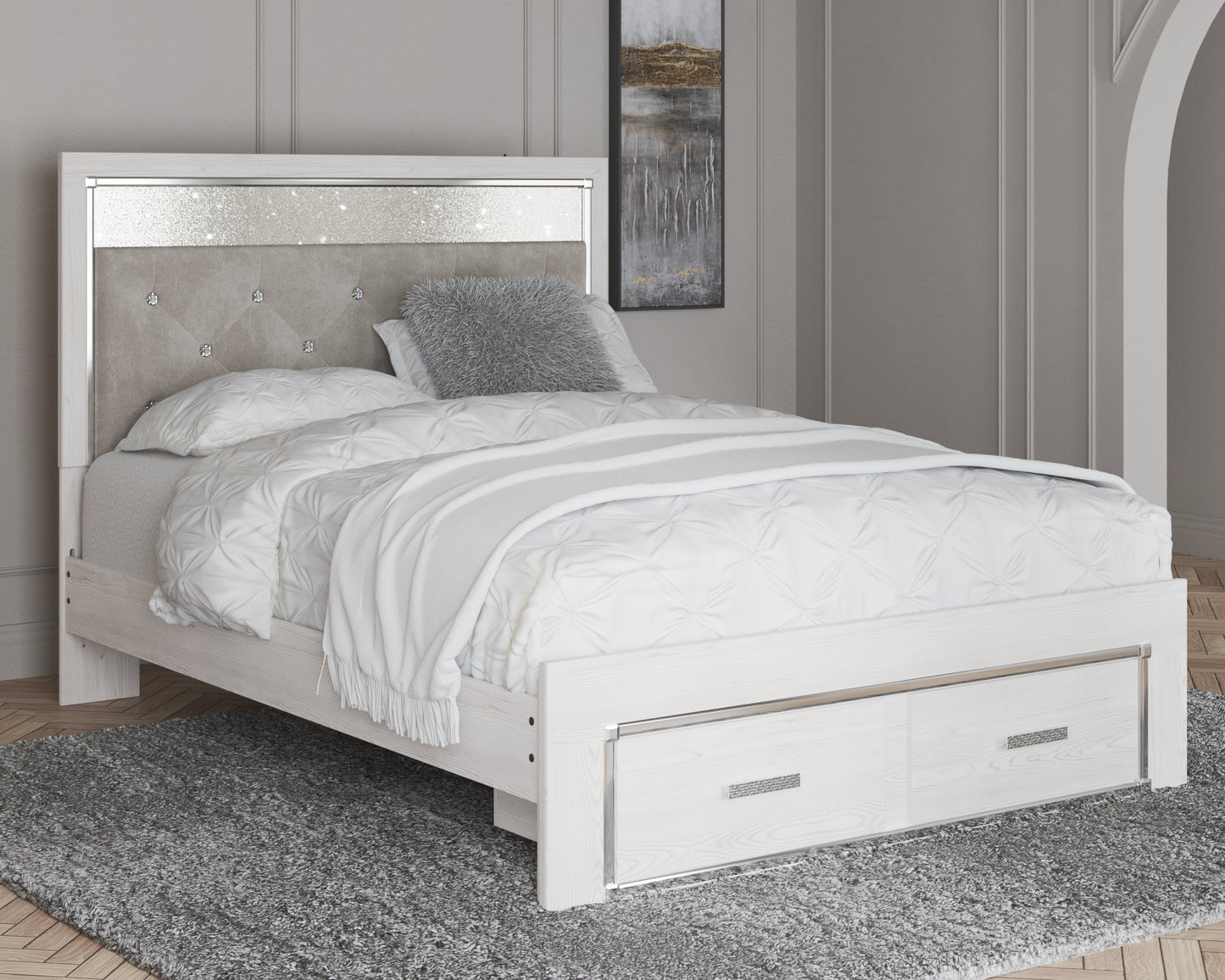 Altyra White Queen Panel Storage Bedroom Set with Mirrored Dresser and Nightstand