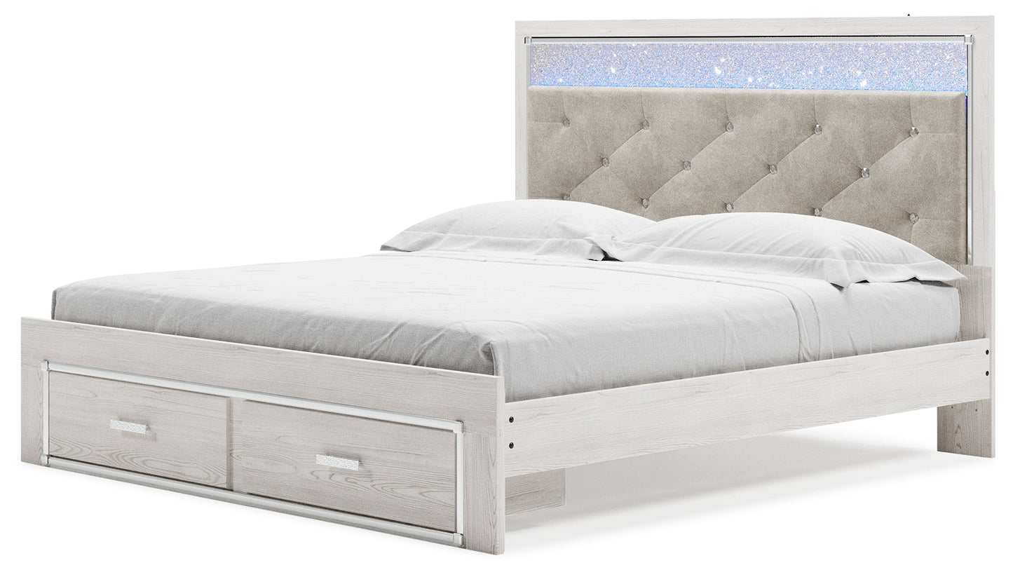 Altyra White King Upholstered Storage Bedroom Set with Dresser, Mirror, Chest, and Nightstand