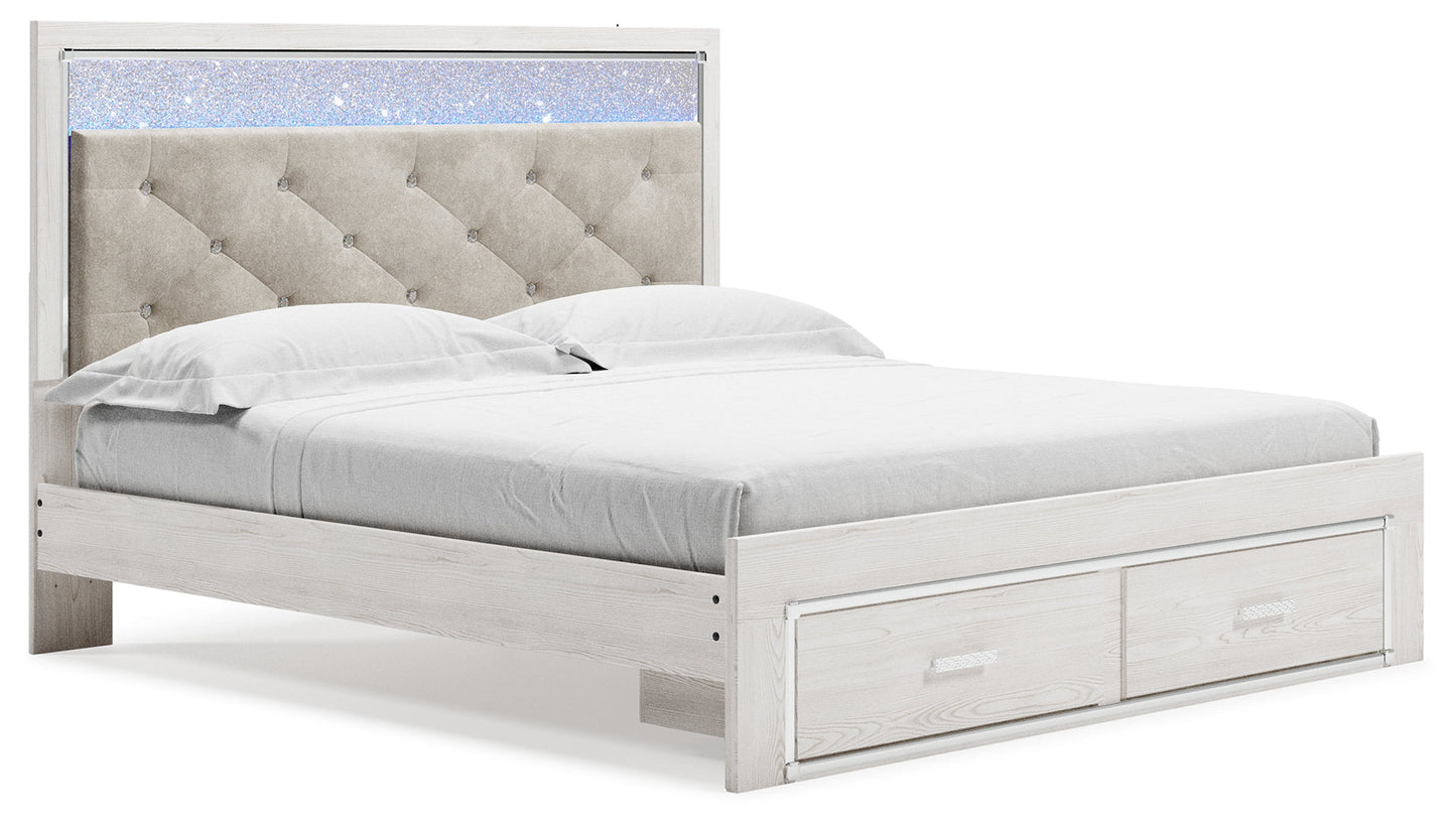 Altyra White King Upholstered Storage Bedroom Set with Dresser, Mirror, Chest, and Nightstand