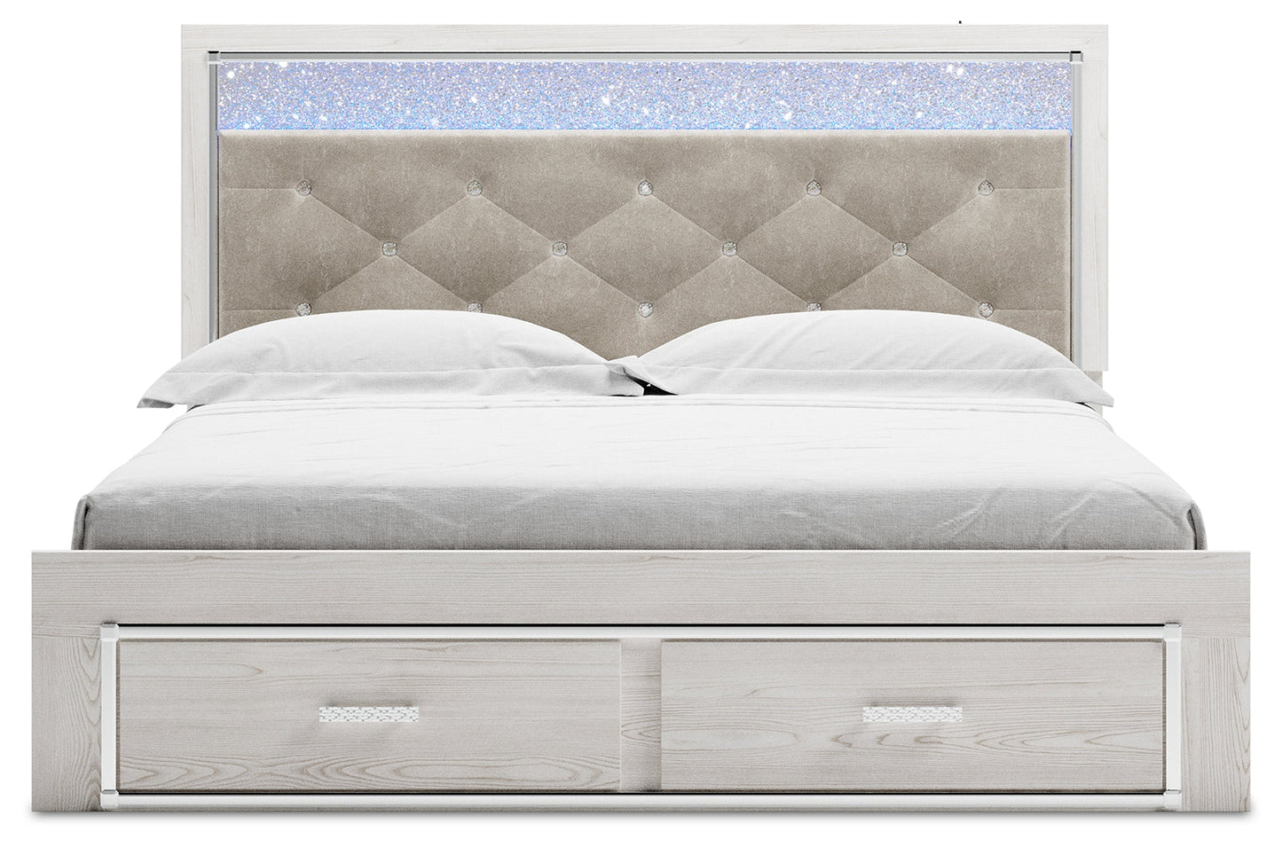 Altyra White King Upholstered Storage Bedroom Set with Dresser, Mirror, Chest, and Nightstand