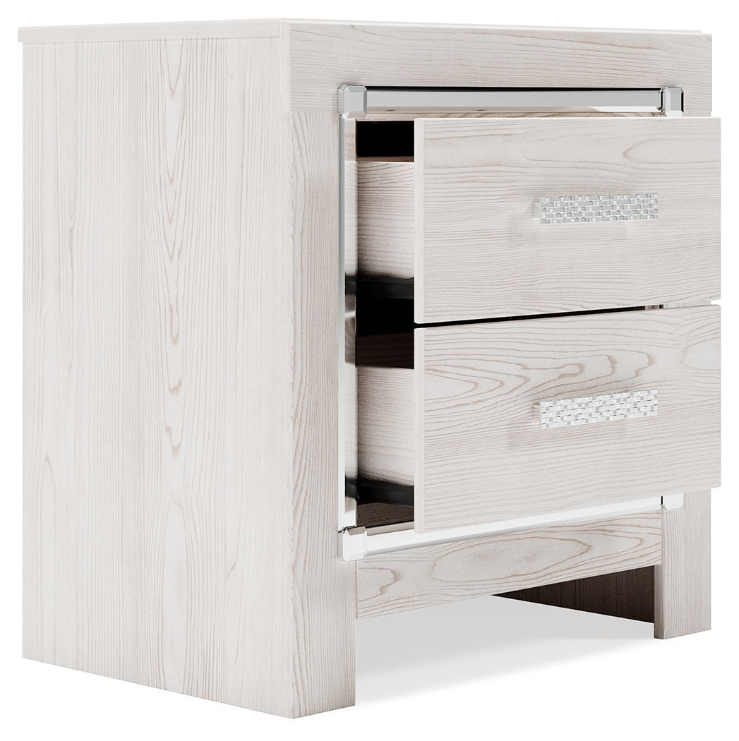 Altyra White King Upholstered Panel Storage Bedroom Set with Dresser, Mirror and Nightstand