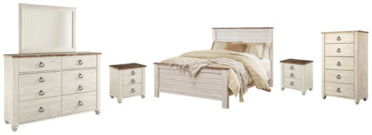 Willowton Whitewash Queen Panel Bedroom Set with Dresser, Mirror, Chest and 2 Nightstands