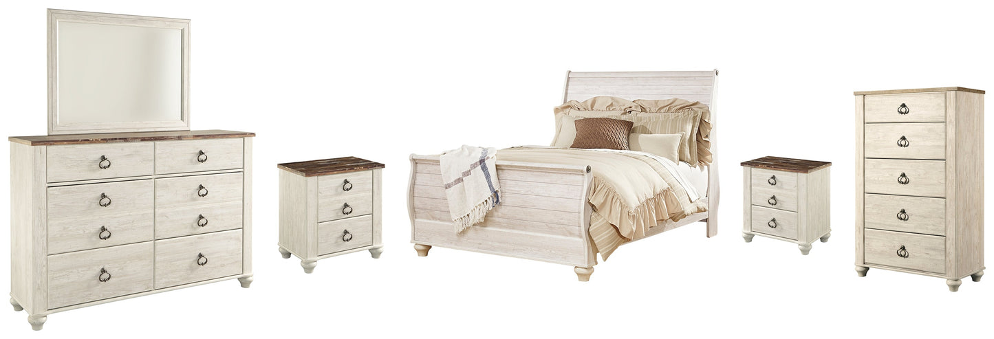 Willowton Queen Sleigh Bedroom Set with Dresser, Mirror, Chest and 2 Nightstands