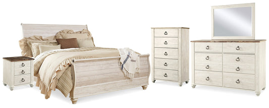 Willowton Whitewash King Sleigh Bedroom Set with Dresser, Mirror, Chest and 2 Nightstands