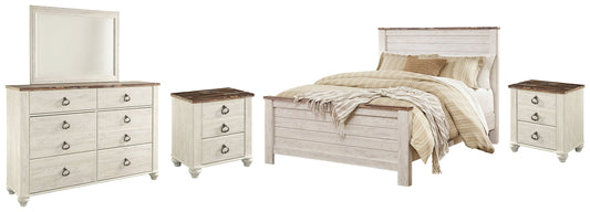 Willowton Whitewash Queen Panel Bedroom Set with Dresser, Mirror and 2 Nightstands